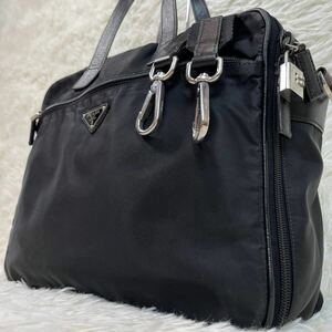 1円【極美品・定価37万円】PRADA プラダ ビジネスバッグ 2way キャリーオン 2室 ブリーフケース A4/PC◎ メンズ 黒 ショルダー 三角ロゴ