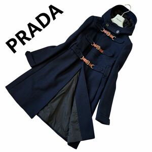 極美品◎ PRADA プラダ ロングコート ダッフルコート レザーベルト フード ネイビー ハンガー付 レディース アウター バージンウール100% 