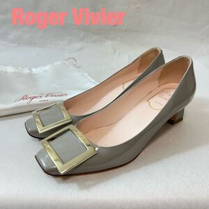 L0099★10 高級 Roger Vivier ロジェヴィヴィエ レディース レザー ロゴ 金具 ゴールド アッシュグレー ヒール パンプス 革靴 35 1/2