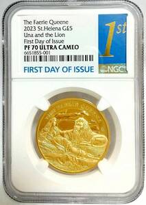 2023年 セントヘレナ フェアリークイーン ウナとライオン 5ポンド 1オンス プルーフ 金貨 NGC PF70 ULTRA CAMEO First Day of Issue