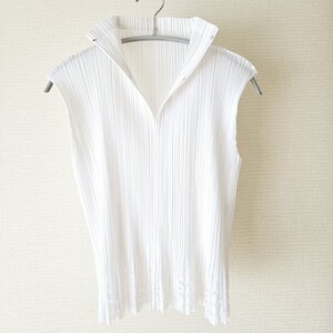 541☆ PLEATS PLEASE ISSEY MIYAKE プリーツプリーズ 裾 カットワーク ノースリーブ カットソー 白 3