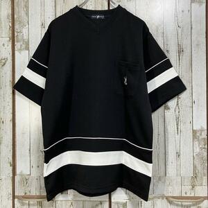 ☆TWIN POLO ポロ☆Tシャツ カットソー 厚手 ジャージー Vネック ブラック 黒 M メンズ ブランドロゴ 刺繍 [送料無料☆匿名配送] b2397