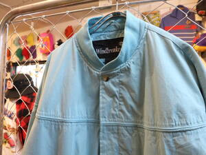 送料600円可★USA古着Windbreaker★ダービージャケット無地★カップショルダーアメカジジャンバー★サイズL(XL相当)水色系ポリコットン