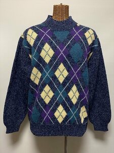 ★USED/SWEATER/KNIT/MOCK NECK/ARGYLE/アーガイル/ニット/セーター/モックネック/トラッド/男女兼用/Ｍサイズ/古着★