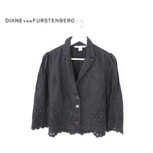 A3940/極美品 春夏 Diane von Furstenberg ダイアンフォンファステンバーグ 刺繍 リネン100% テーラード シャツ ジャケット 6黒/レディース