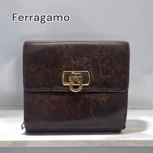 Ferragamo ウォレット 二つ折り Wホック レザー ブラウン