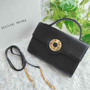 ■美品■ハナエ モリ HANAE MORI ハンドバッグ チェーンショルダー 2way フォーマル レザー 本革 サークルロゴ ゴールド金具 レディース 黒