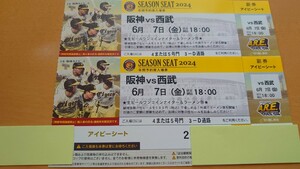 6月7日(金)　甲子園　阪神タイガースvs西武　アイビーシート　通路側　2連番