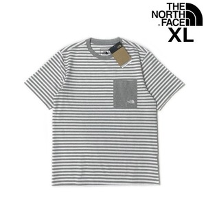 1円～!売切!【正規新品】THE NORTH FACE S/S REGRIND POCKET TEE 半袖 Tシャツ US限定 ロゴ刺繍 男女兼用(XL)グレー ボーダー柄 180902-18