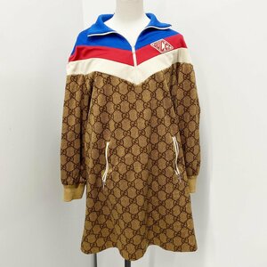 TO1 グッチ GUCCI GGテクニカル ハーフジップ ワンピース ジャージー ドレス ミニ 長袖 総柄 茶 青