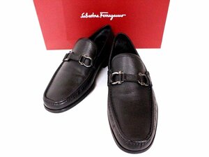 美品☆FERRAGAMO【フェラガモ】ガンチーニ レザーローファー☆モカシン☆5 1/2☆23.5cm相当☆ブラック☆ロゴ☆メンズ☆箱付☆イタリア製