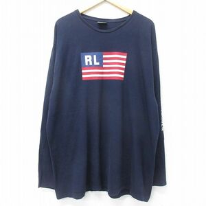 XL/古着 ラルフローレン ポロジーンズ 長袖 ブランド Tシャツ メンズ 00s 星条旗 大きいサイズ ロング丈 コットン クルーネック 紺 ネイビ