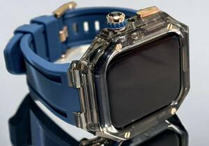 TBN★ブラッククリア ネイビー★アップルウォッチバンド ラバーベルト カバー　Apple Watch クリア ケース 40mm 41mm 44mm 45mm 4ネジ