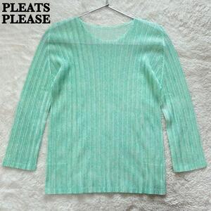 【サンプル品　美品】PLEATS PLEASE　プリーツプリーズ　プリーツブラウス　長袖　総柄　メランジ　ミントグリーン　Mサイズ相当　入手困難