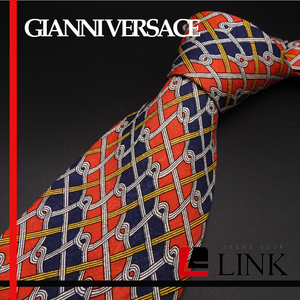 最高級シルク100%【正規品】ジャンニ・ヴェルサーチ GIANNI VERSACE ヴェルサーチ　オレンジ×ネイビー ストライプ ネクタイ　スーツ