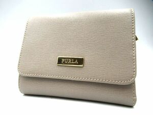 ★★♪中古美品 FURLA フルラ 三つ折り財布 ミニ財布 コンパクト レザー グレー ベージュ ゴールド金具♪★★