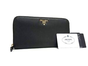 1円 ■美品■ PRADA プラダ 1ML506 サフィアーノレザー ラウンドファスナー 長財布 ウォレット レディース ブラック系 FB9098