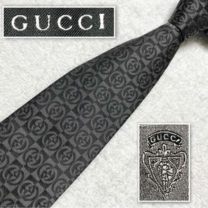 ■美品■GUCCI グッチ　ネクタイ　インターロッキングG チェック　総柄　シルク108% イタリア製　グレー系バイカラー　ビジネス