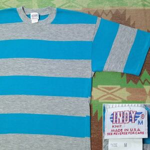 ワイド ボーダー 【INDY】 70s Striped T-Shirt / 70年代 Tシャツ M ターコイズ 杢グレー アメリカ製 デッドストック ビンテージ60s80s