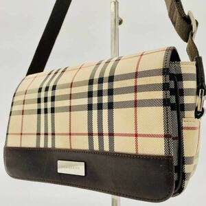 【美品】【バーバリー BURBERRY】ショルダーバッグ 肩掛け クロスボディノバチェック フラップ ロゴプレート キャンバス レザー ブラウン系