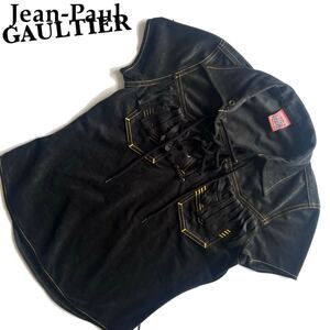 【送料無料】Jean Paul Gaultier ジャンポールゴルチエ　ベロア　半袖シャツ　レディース　jpg フリンジ　ブラック　黒　40 L