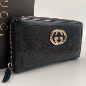 H1737【美品】GUCCI グッチ　長財布　ラウンドファスナー　ブラック　グッチシマ　　レザー　スーキー インターロッキングG ブラック