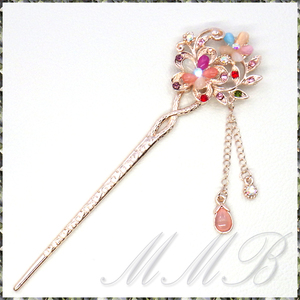 [Hair] Elegant Hair Stick Hairpin マルチカラー ラインストーン サクラ フラワー 簪(かんざし) ピンクゴールド ヘアースティック