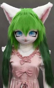 着ぐるみヘッド 猫 ダークグリーン 全頭ヘッド ケモノ マスク ファースーツ ぬいぐるみ コスプレ コスチューム