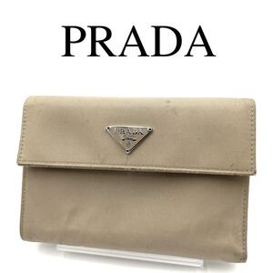 PRADA プラダ 折り財布 ロゴプレート ロゴ金具 ナイロン ベージュ系