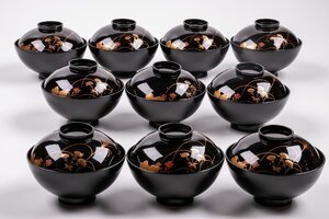 【うつわ】 真塗草花蒔絵 吸物椀 10客 E1278D バラ売り可能です 古美術 骨董 古玩 唐物 和食器 日本料理 懐石 料亭