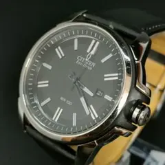 美品　稼働品　CITIZEN　シチズン　ブラック　シルバー　レザー　ソーラー時計