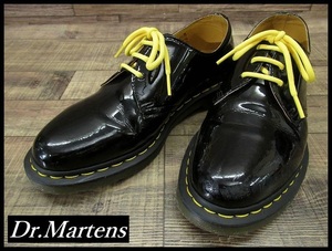 送無 Dr.Martens ドクターマーチン エナメル パテント レザー イエローステッチ 3ホール シューズ ブーツ 短靴 革靴 ブラック UK8 約27.0