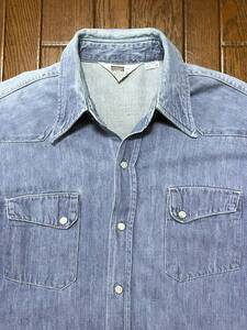 70s ビンテージ Montgomery Ward モンゴメリーワード Vat Dyed Denim バッドダイ デニムシャツ L ウエスタン 斜めポケット MWボタン 70年代