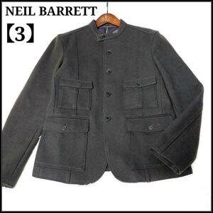 美品 BLACKBARRETT by NEIL BARRETT ブラックバレットバイニールバレット 肉厚ウール メルトン ノーカラージャケット ミリタリーグリーン 3