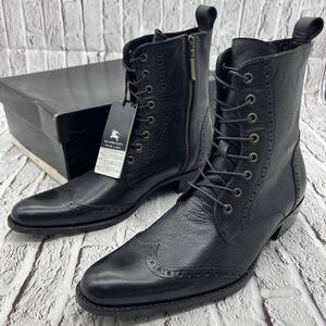 【未使用】BURBERRY BLACK LABEL バーバリーブラックレーベル レースアップブーツ ウィングチップ サイドジップ 1EEサイズ 本革 レザー