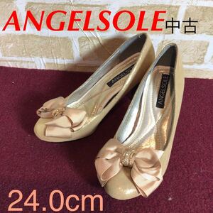 【売り切り!送料無料!】A-223 ANGELSOLE!リボン付きパンプス!ゴールド!24.0cm!かわいい!結婚式!パーティー!二次会!ドレス!未使用に近い!