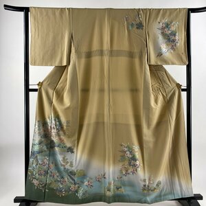 訪問着 身丈158.5cm 裄丈63.5cm S 袷 草花 建物 螺鈿 金銀彩 薄茶色 正絹 名品 【中古】