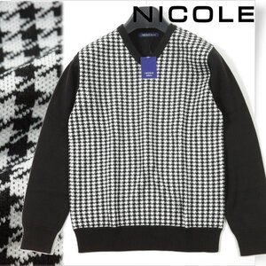 新品1円～★ニコル セレクション NICOLE selection メンズ 長袖 Vネックニット 46 M 黒×白 千鳥格子柄 ハウンドトゥース 本物 ◆9508◆