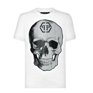 【CU】PHILIPP PLEIN フィリップ プレイン 半袖 ＴシャツMTK3306【M】 ホワイト クロコ型押しスカル ラインストーンPP【新品・正規品】