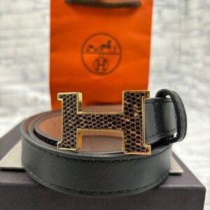 【美品/希少】HERMES エルメス ナローベルト コンスタンス Hバックル パイソン エクゾチック ブラック 黒 レザー ビジネス メンズ 紳士 