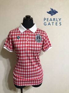 【良品】 PEARLY GATES GOLF パーリーゲイツ ゴルフ レディース ギンガムチェック柄 ドライポロシャツ サイズ0 半袖 赤 白 055-0260696