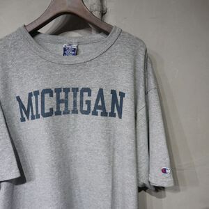 【即決】90s champion チャンピオン MICHIGAN ミシガン プリントTシャツ グレー バインダーネック 古着 XL