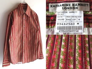 未使用 ビンテージ KATHARINE HAMNETT LONDON キャサリンハムネット ロンドン 総柄 ボタニカル アートストライプ シャツ M 赤 ネコポス対応