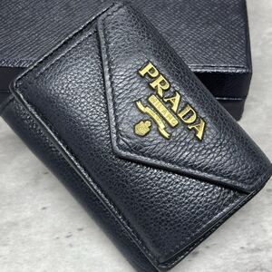 1円■美品/RFID搭載■ PRADA プラダ 三つ折り財布 コンパクト ウォレット ミニ 金ロゴ ゴールド金具 サフィアーノレザー 本革 黒 メンズ