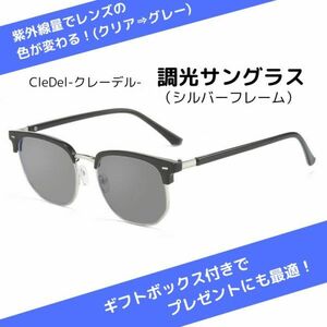 調光サングラス 4点セット 紫外線 UV ブルーライト カット クラシック レトロ サーモント オシャレ メガネ プレゼント(シルバーフレーム)