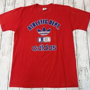 80s USA製 adidas アディダス ATHLETIC DEPT. ロゴ プリント ビンテージ 半袖Tシャツ POLYESTEL50% COTTON50%