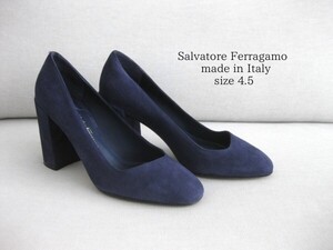 ☆Salvatore Ferragamo☆ヒールパンプス☆スエード☆NAVY☆4.5(22cm)☆太ヒール☆イタリア製☆フェラガモ