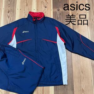 美品 asics アシックス セットアップ 上下 ナイロンジャケット パンツ 中綿 スポーツ トレーニング ビッグシルエット ネイビー 玉mc2610