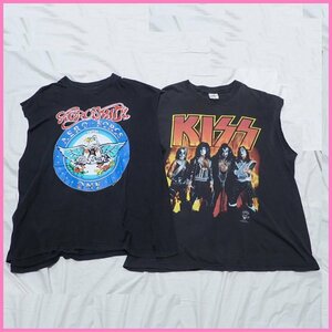 □Aerosmith/エアロスミス + KISS/キッス ノースリーブ ヴィンテージTシャツ 2着セット メンズXL/チャコールグレー/バンド&1053000056