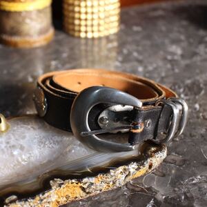 USA VINTAGE AXCESS BUCKLE DESIGN METALWORK LEATHER BELT/アメリカ古着バックルデザインメタルワークレザーベルト